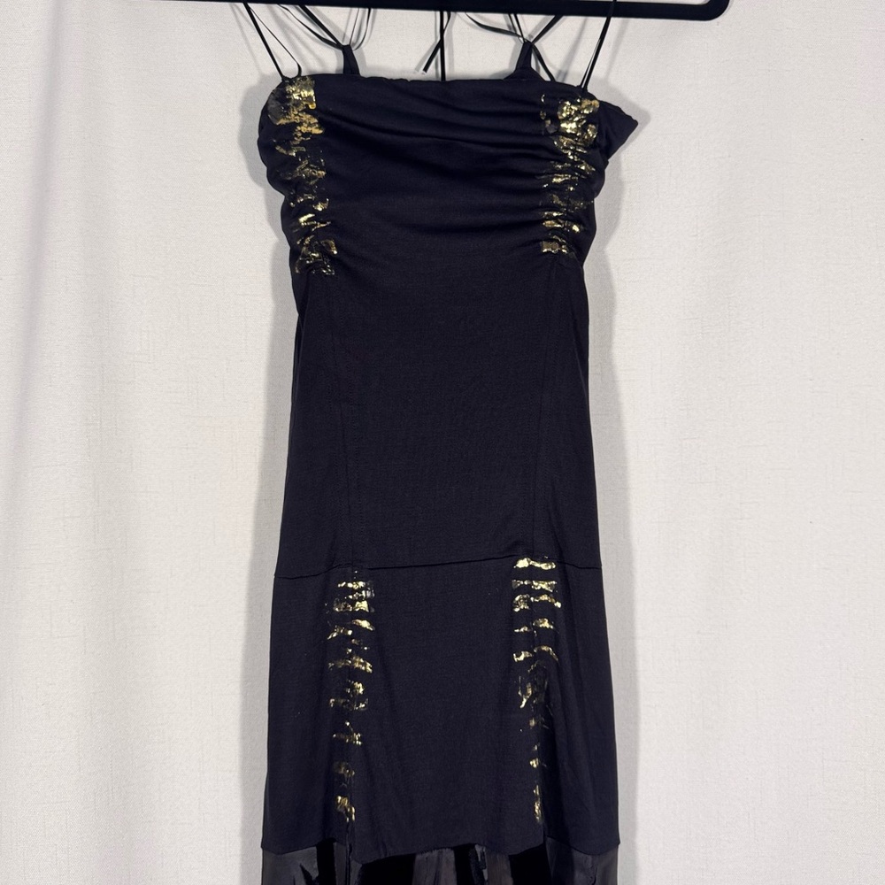 Vintage Marciano Black & Gold Ruched Midi Dress - Picture 3 of 8